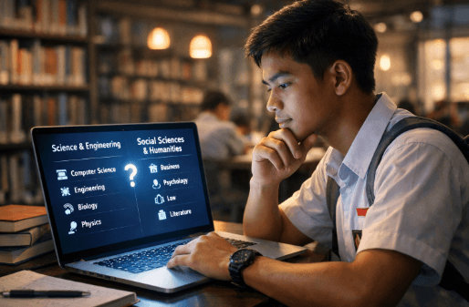 Infografis trik seleksi program studi institusi yang menampilkan peserta menerapkan jurus pilih jurusan perguruan tinggi.