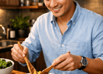 Infografis trik seleksi hidangan bergizi harian yang menampilkan pemuda menerapkan jurus pilih menu makanan sehat.