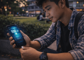 Infografis trik beli kuota maya mahasiswa yang menampilkan pemuda mencari paket data murah.