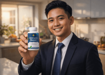 Infografis trik cari suplemen penjaga raga yang menampilkan pemuda menerapkan jurus pilih vitamin pendukung imun.