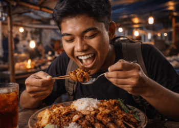 Infografis trik cari tempat bersantap hemat yang menampilkan mahasiswa menerapkan jurus pilih warung makan murah dekat kampus.