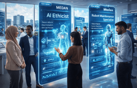 Visualisasi berbagai profesi baru yang muncul akibat integrasi teknologi robotika dan kecerdasan buatan di dunia kerja.