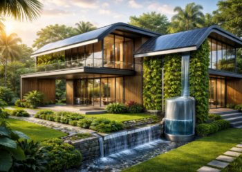 Konsep bangunan hunian masa depan yang mengutamakan kecepatan konstruksi melalui sistem modul dan penggunaan bahan bangunan yang dapat didaur ulang.