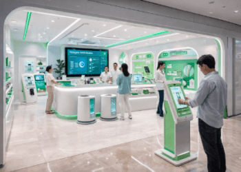 Inovasi gerai waralaba masa depan yang mengintegrasikan layanan kesehatan personal dengan teknologi kecerdasan buatan untuk kemudahan konsumen.