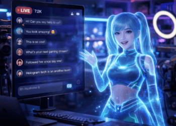 Visualisasi penggunaan karakter digital bertenaga kecerdasan buatan dalam memandu acara belanja langsung secara interaktif dengan penonton global.