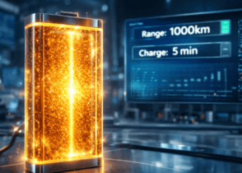 Visualisasi terobosan sel baterai generasi terbaru yang menawarkan kepadatan energi lebih tinggi dan waktu pengisian daya yang sangat singkat.