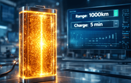Visualisasi terobosan sel baterai generasi terbaru yang menawarkan kepadatan energi lebih tinggi dan waktu pengisian daya yang sangat singkat.