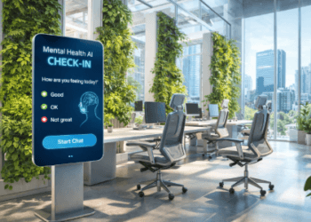 Inovasi ruang kerja masa depan yang menggabungkan elemen alam dan teknologi kecerdasan buatan guna menjaga kesehatan mental karyawan.