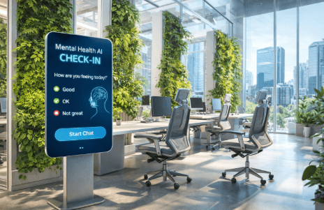 Inovasi ruang kerja masa depan yang menggabungkan elemen alam dan teknologi kecerdasan buatan guna menjaga kesehatan mental karyawan.