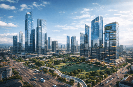 Deretan gedung pencakar langit modern di kawasan Pusat Bisnis Medan 2026.