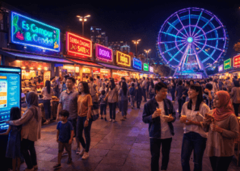 Keriuhan suasana pasar malam modern dalam Pusat Hiburan Malam Medan 2026.