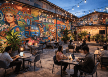 Suasana sore hari di salah satu Ruang Kreatif Medan 2026 yang menjadi pusat berkumpulnya komunitas muda.