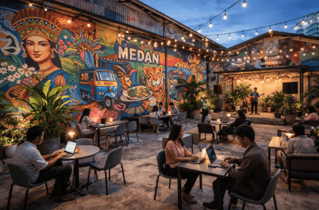 Suasana sore hari di salah satu Ruang Kreatif Medan 2026 yang menjadi pusat berkumpulnya komunitas muda.