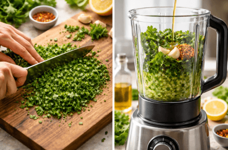 Perbandingan teknik pembuatan guna mengungkap Rahasia Saus Chimichurri Segar yang autentik.