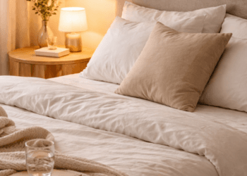 Suasana kamar tidur yang tenang dan nyaman untuk mendukung penerapan rahasia tidur berkualitas setiap malam.