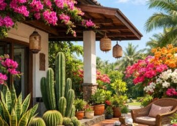 Koleksi tanaman hias tahan panas yang tetap tumbuh subur dan hijau di teras rumah saat musim kemarau.