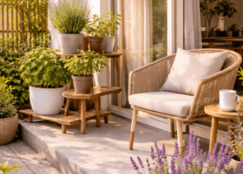 Deretan pot tanaman pengusir nyamuk seperti Lavender dan Rosemary yang tertata rapi di teras rumah minimalis warga Medan.