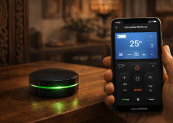 Infografis ulasan remote pintar universal murah yang menampilkan pengendali inframerah cerdas penyatu perabotan elektronik.