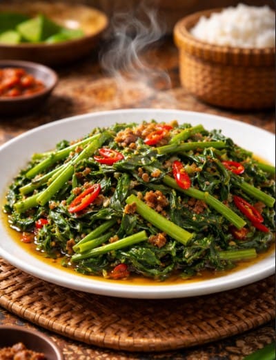 Resep cah kangkung terasi pedas yang segar dan menggugah selera makan.
