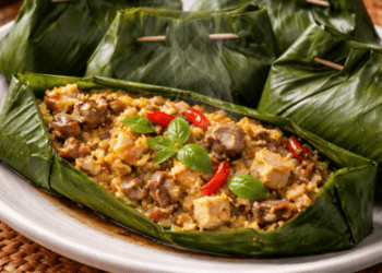 Resep pepes tahu jamur tanpa minyak yang dikukus dengan balutan daun pisang segar.