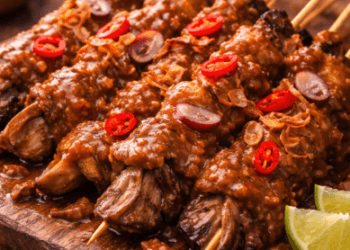 Penyajian Sate Jamur Tiram Sehat dengan bumbu kacang tradisional sebagai alternatif protein nabati yang lezat di tahun 2026.