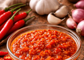Sajian saus sambal viral yang merah merona dan menggugah selera sebagai teman makan camilan.