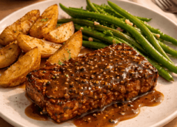 Penyajian Resep Steak Tempe dengan saus lada hitam kental sebagai menu makan malam sehat tahun 2026.