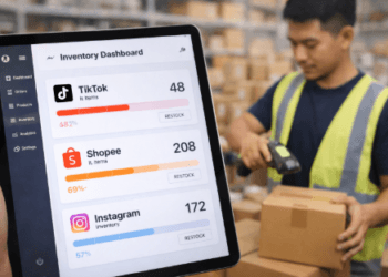Tampilan sistem manajemen inventaris digital yang menyatukan data stok barang dari berbagai kanal penjualan daring.