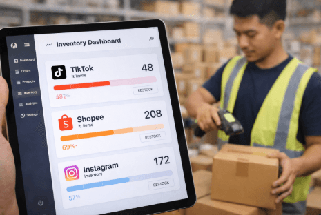 Tampilan sistem manajemen inventaris digital yang menyatukan data stok barang dari berbagai kanal penjualan daring.