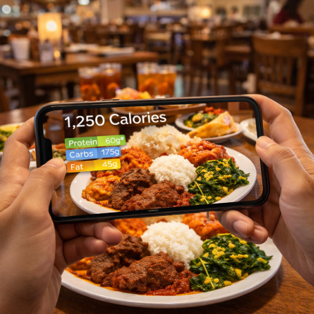 Penggunaan aplikasi cerdas pada ponsel pintar guna mendeteksi jumlah kalori dalam satu porsi makanan tradisional secara instan melalui kamera.