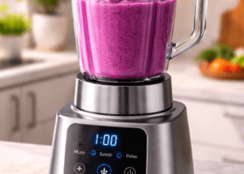 Visualisasi unit Blender Pintar 2026 dengan teknologi sensor suhu guna menghasilkan tekstur smoothie bowl yang halus.