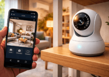 Infografis review CCTV WiFi murah yang menampilkan kamera pengawas rumah canggih dengan kendali layar gawai pintar.