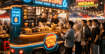 Kendaraan niaga yang dimodifikasi menjadi dapur berjalan guna menjangkau pelanggan di berbagai titik keramaian kota tanpa ketergantungan pada bangunan tetap.