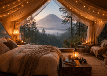 Fasilitas tenda mewah atau glamping di kawasan Berastagi yang menawarkan pemandangan langsung ke arah pegunungan yang asri.