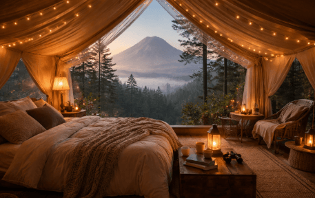 Fasilitas tenda mewah atau glamping di kawasan Berastagi yang menawarkan pemandangan langsung ke arah pegunungan yang asri.