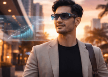 Penggunaan kacamata pintar berbasis AI yang menampilkan informasi digital secara langsung di depan mata pengguna.