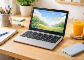 Tampilan fisik laptop pelajar murah di bawah 3 juta yang sangat praktis untuk mengerjakan tugas sekolah di rumah.