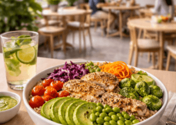 Suasana restoran modern yang menyajikan berbagai hidangan berbasis tanaman dengan presentasi yang menggugah selera bagi pecinta pola hidup sehat.