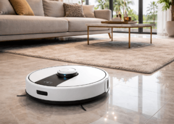 Perangkat pembersih lantai otomatis yang cerdas sedang bekerja menyedot debu di ruangan rumah minimalis secara mandiri.