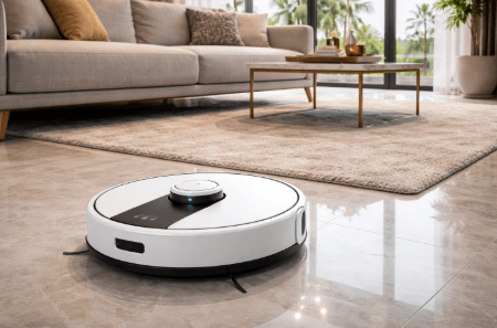 Perangkat pembersih lantai otomatis yang cerdas sedang bekerja menyedot debu di ruangan rumah minimalis secara mandiri.