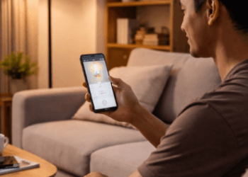 Seorang pria sedang mengoperasikan smart home system sederhana melalui aplikasi ponsel untuk mengatur pencahayaan rumah.