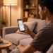 Seorang pria sedang mengoperasikan smart home system sederhana melalui aplikasi ponsel untuk mengatur pencahayaan rumah.