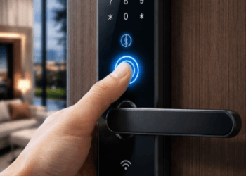 Penggunaan perangkat kunci pintu digital otomatis dengan sistem pemindaian biometrik guna meningkatkan standar keamanan akses masuk hunian.