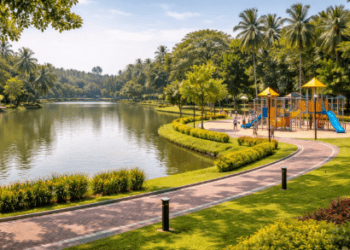 Pemandangan luas fasilitas terbaru, area danau, dan wahana bermain di Taman Cadika Medan Johor.