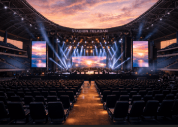 Pemandangan infrastruktur panggung hiburan modern di dalam stadion yang sudah mengalami revitalisasi total guna mendukung perhelatan skala internasional.