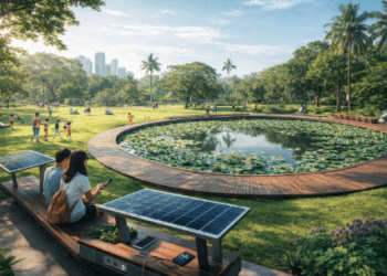 Fasilitas rekreasi keluarga yang asri dalam kawasan Taman Hijau Medan 2026.