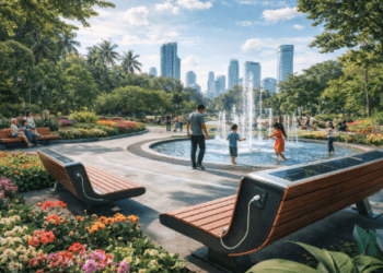 Fasilitas pengisian daya tenaga surya di area publik Taman Hijau Medan 2026.