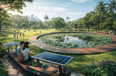 Fasilitas rekreasi keluarga yang asri dalam kawasan Taman Hijau Medan 2026.