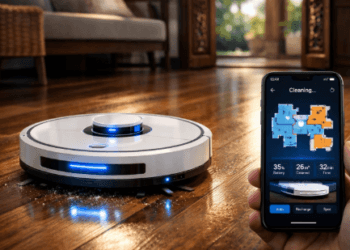 Infografis ulasan robot vacuum cleaner murah yang menampilkan mesin sapu otomatis pembersih lantai rumah.