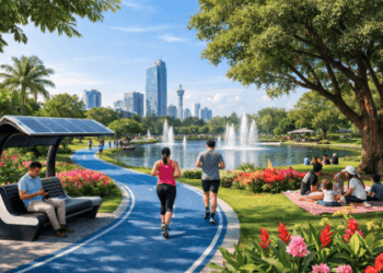 Pemandangan taman kota modern di Medan yang berfungsi sebagai ruang terbuka hijau dengan fasilitas bangku pintar dan jalur lari yang nyaman.